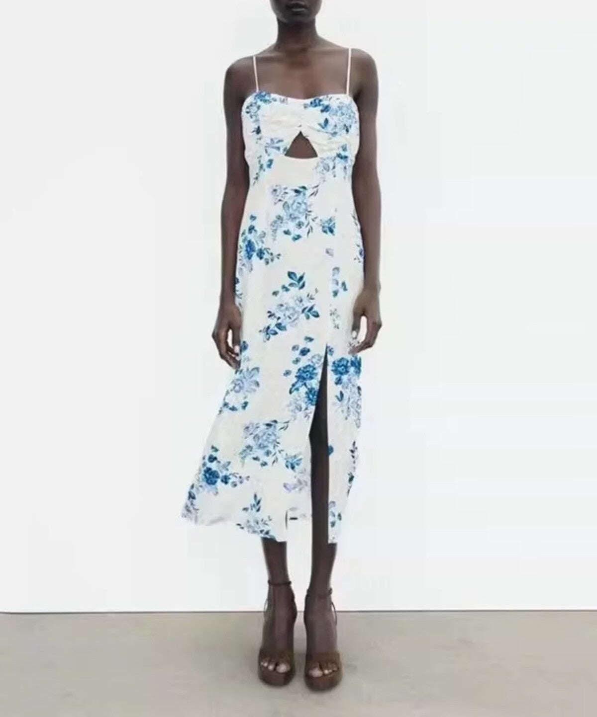 Floral Spaghetti Strap Cut Out Front Slit Midi Dress