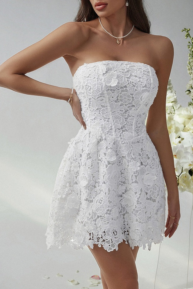 Lace Strapless Corset Bustier 3D Floral A-Line Pocket Cocktail Mini Dress