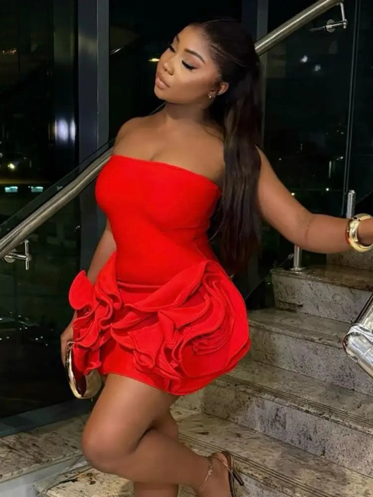 Strapless 3D Flower Bodycon Mini Party Dress