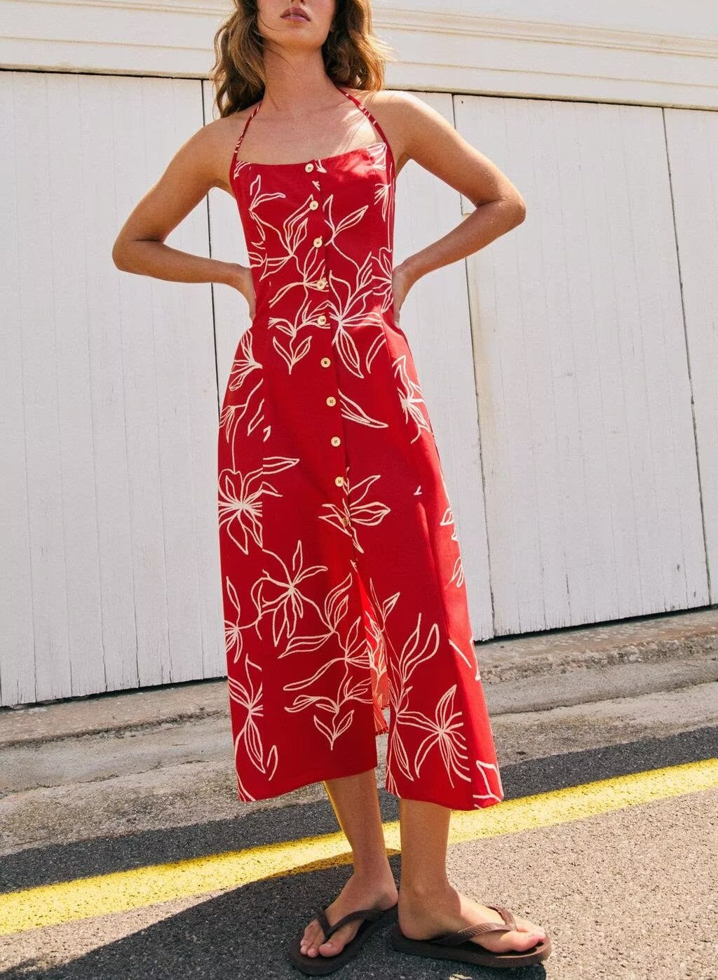 Floral Print Halter Neck Button Front Split Midi Dress
