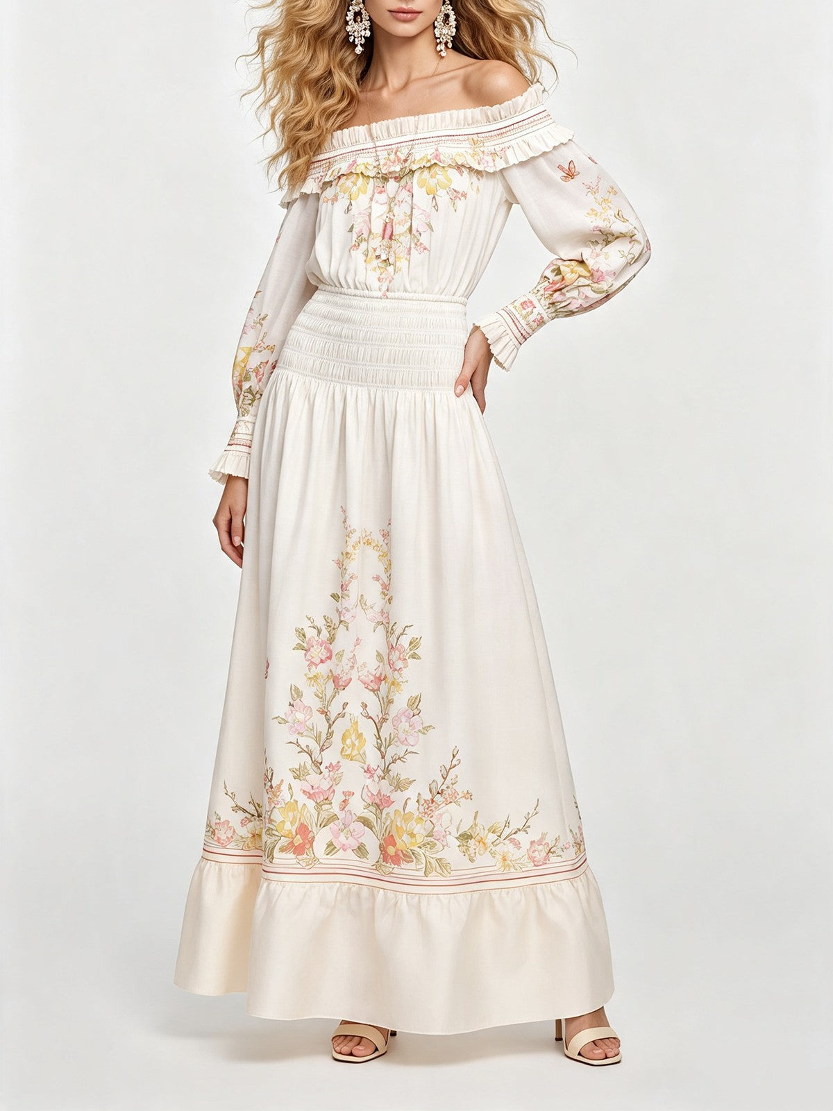 Floral Embroidered Off Shoulder Long Sleeve Smocked Waist Ruffle Hem Maxi Dress