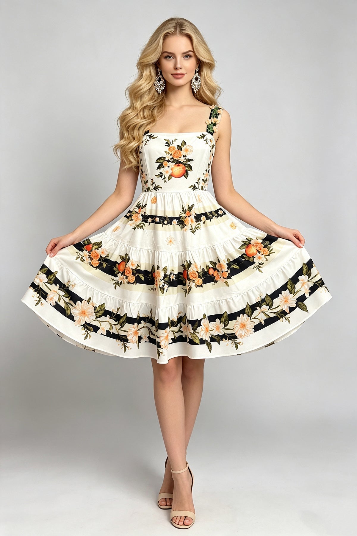 Floral Print Square Neck Sleeveless Tiered Fit and Flare Midi Dress 2