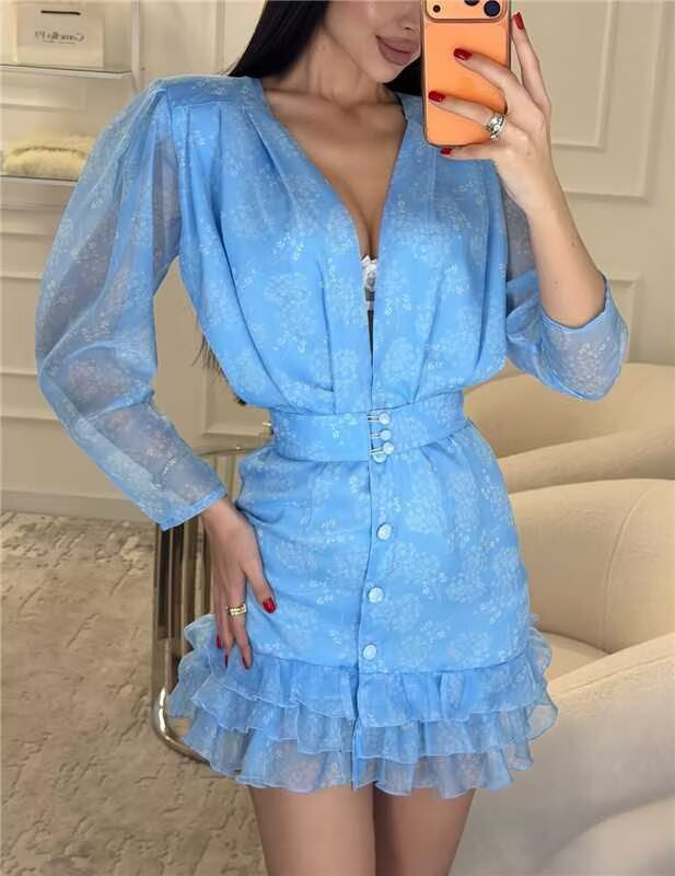 Pleated Deep V-Neck Belted Button Front Tiered Ruffle Hem Mini Dress 10