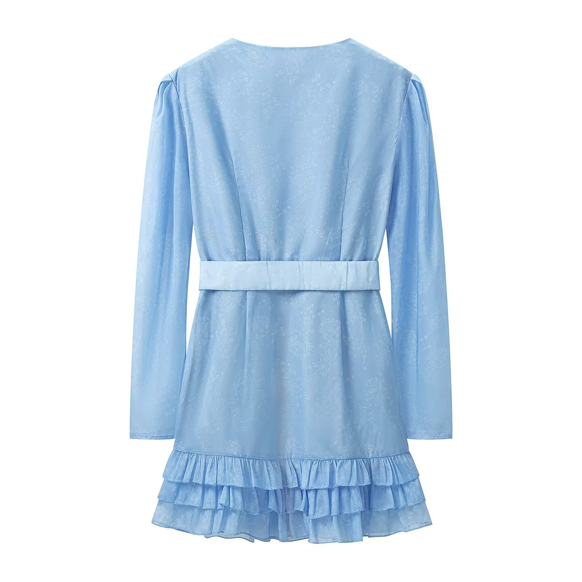 Pleated Deep V-Neck Belted Button Front Tiered Ruffle Hem Mini Dress 2