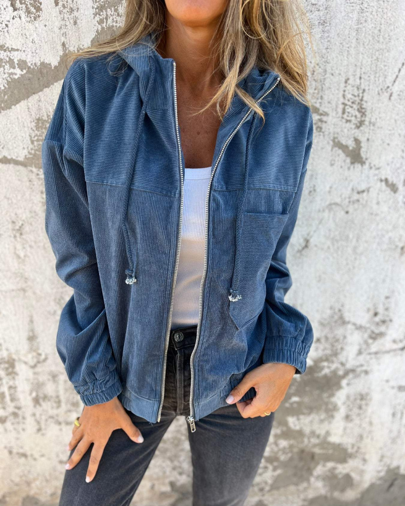Hooded Zip Front Ribbed Corduroy Jacket