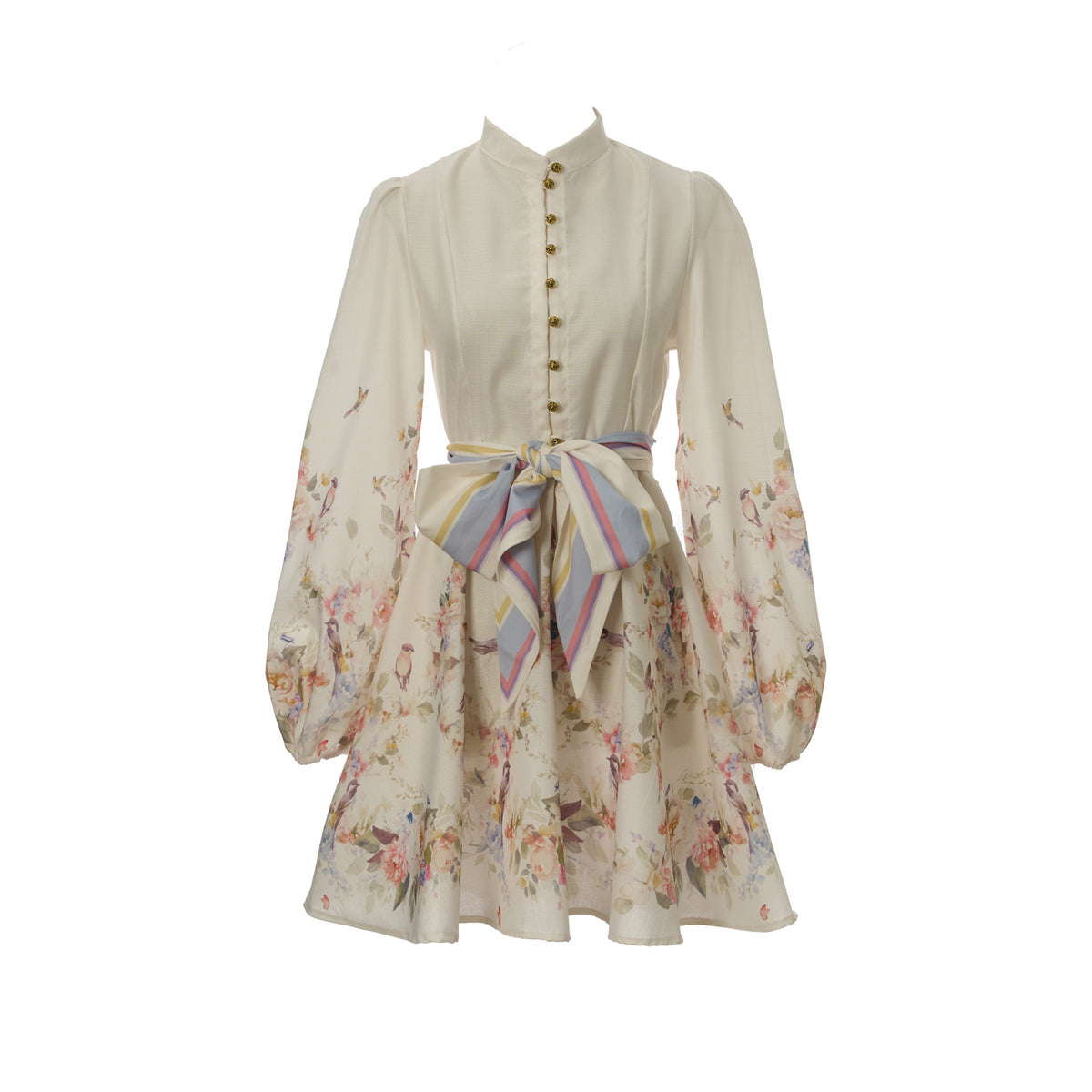 Floral Bird Print Stand Collar Button Front Lantern Sleeve Belted Mini Dress