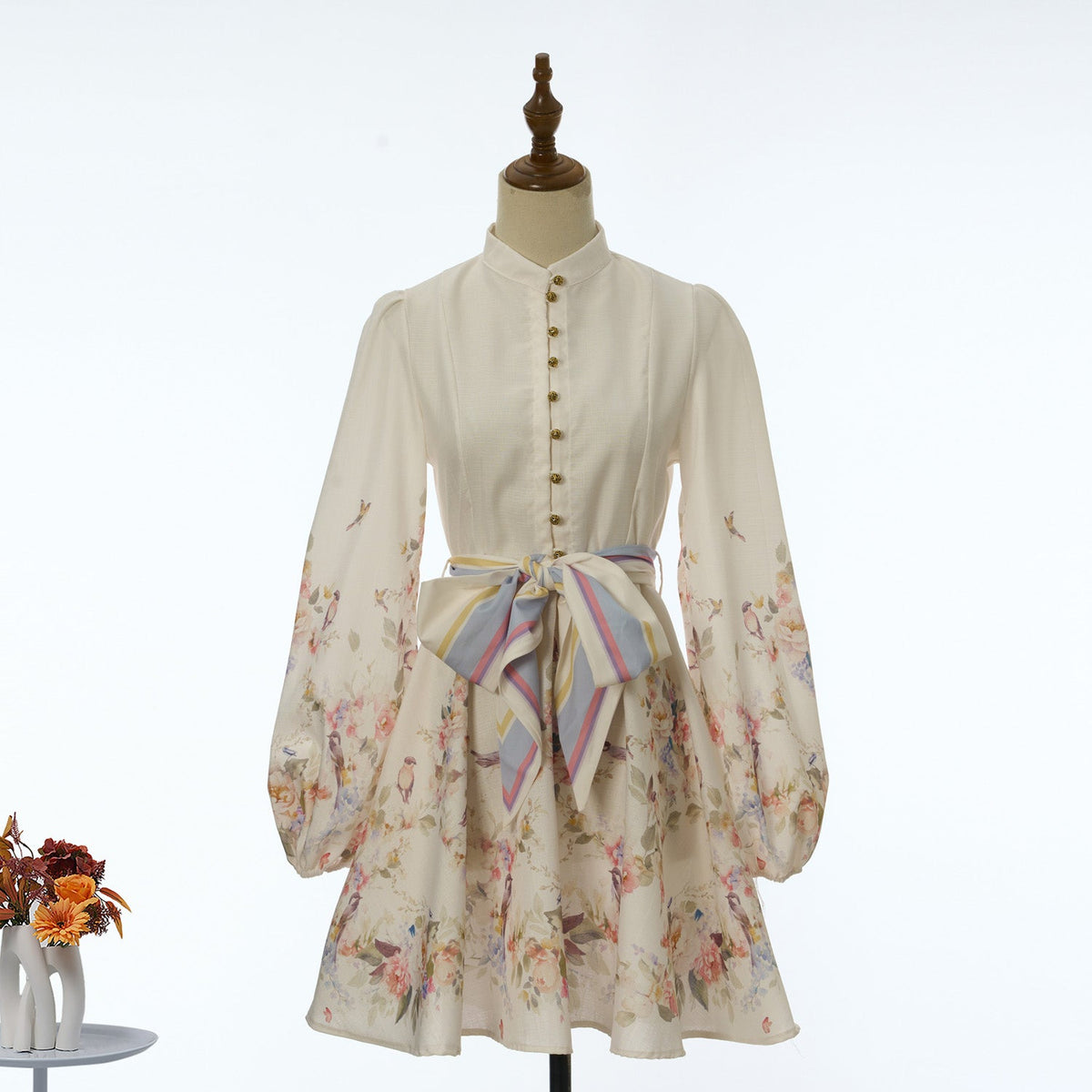 Floral Bird Print Stand Collar Button Front Lantern Sleeve Belted Mini Dress 2