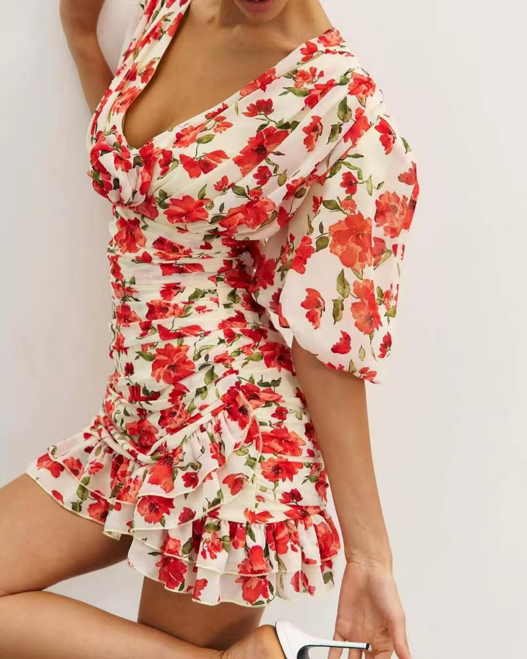 Women Clothing Summer Fashionable Elegant Slim Fit Slimming Deep V Plunge neck Printed Dress