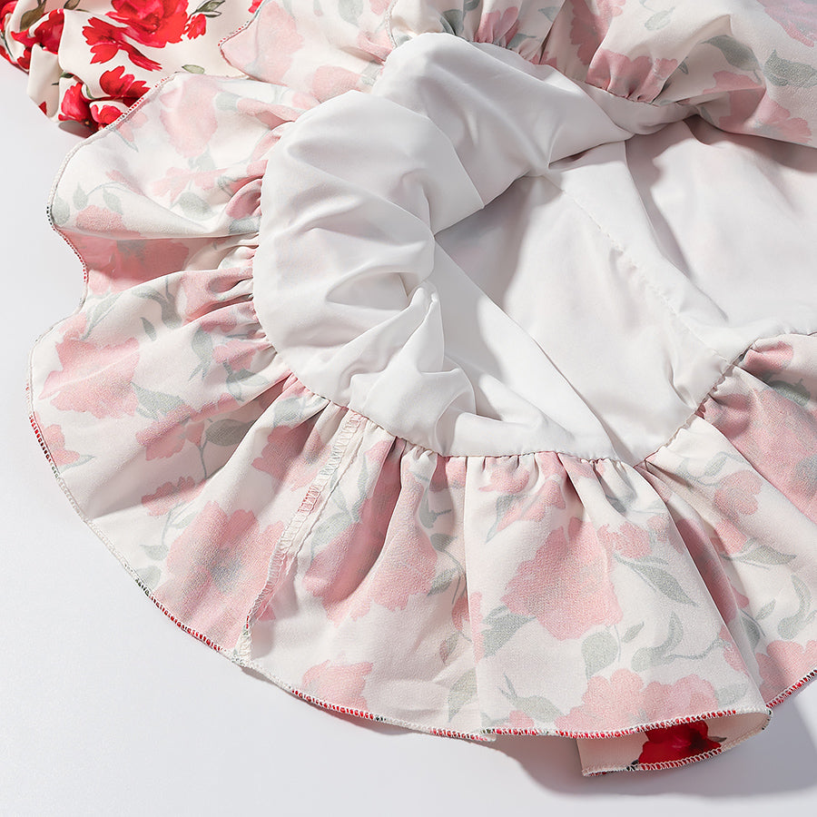 Floral Chiffon Deep V-Neck Puff Sleeve Ruched Ruffle Hem Mini Dress 6