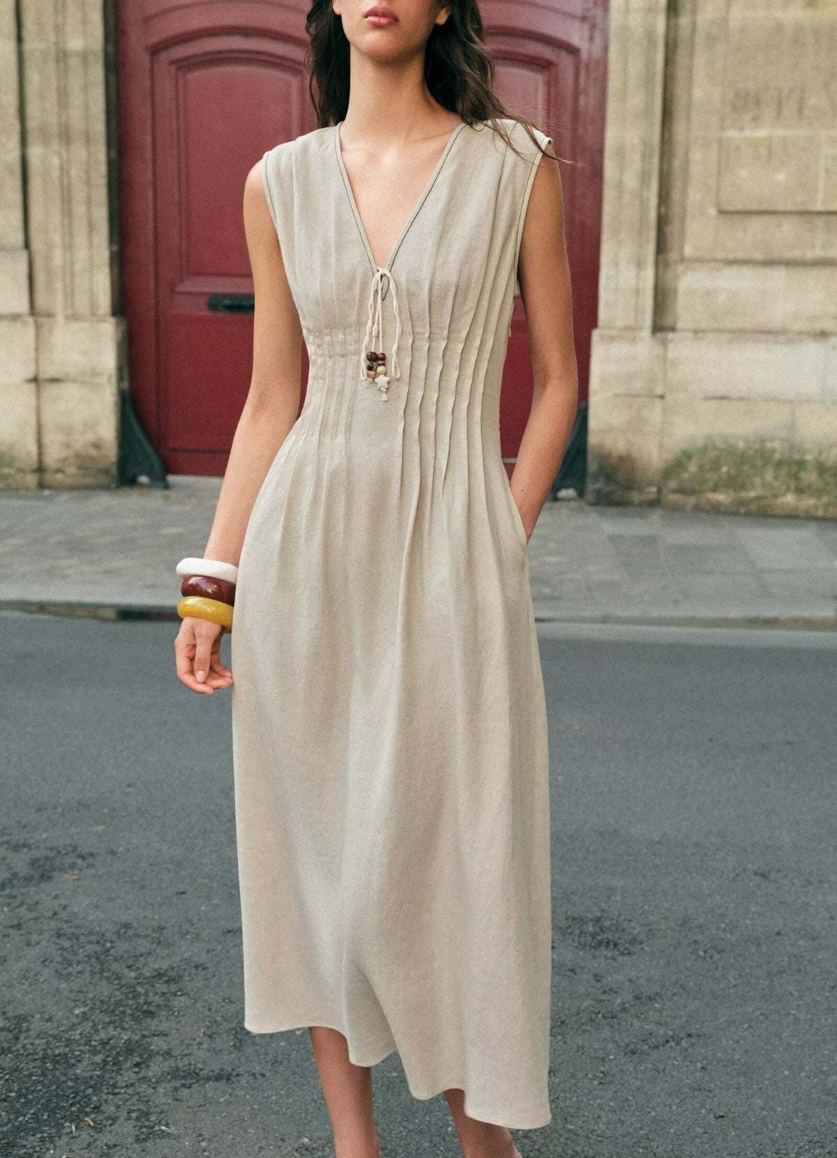 Women Clothing Autumn Casual Sleeveless V neck Pleated Midi Dress
