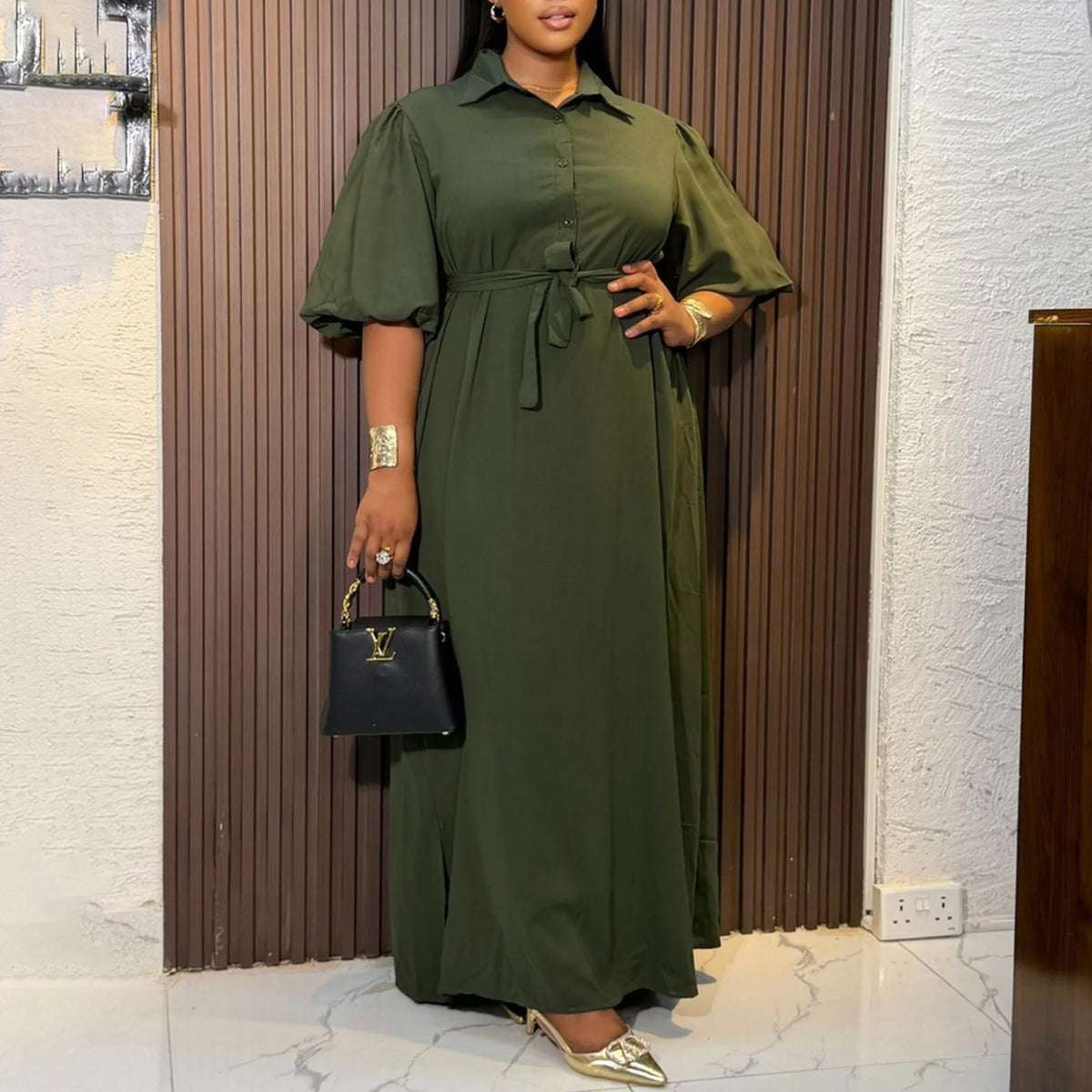 Collared Half Button Puff Sleeve Side Split Loose Maxi Shirt Dress 3