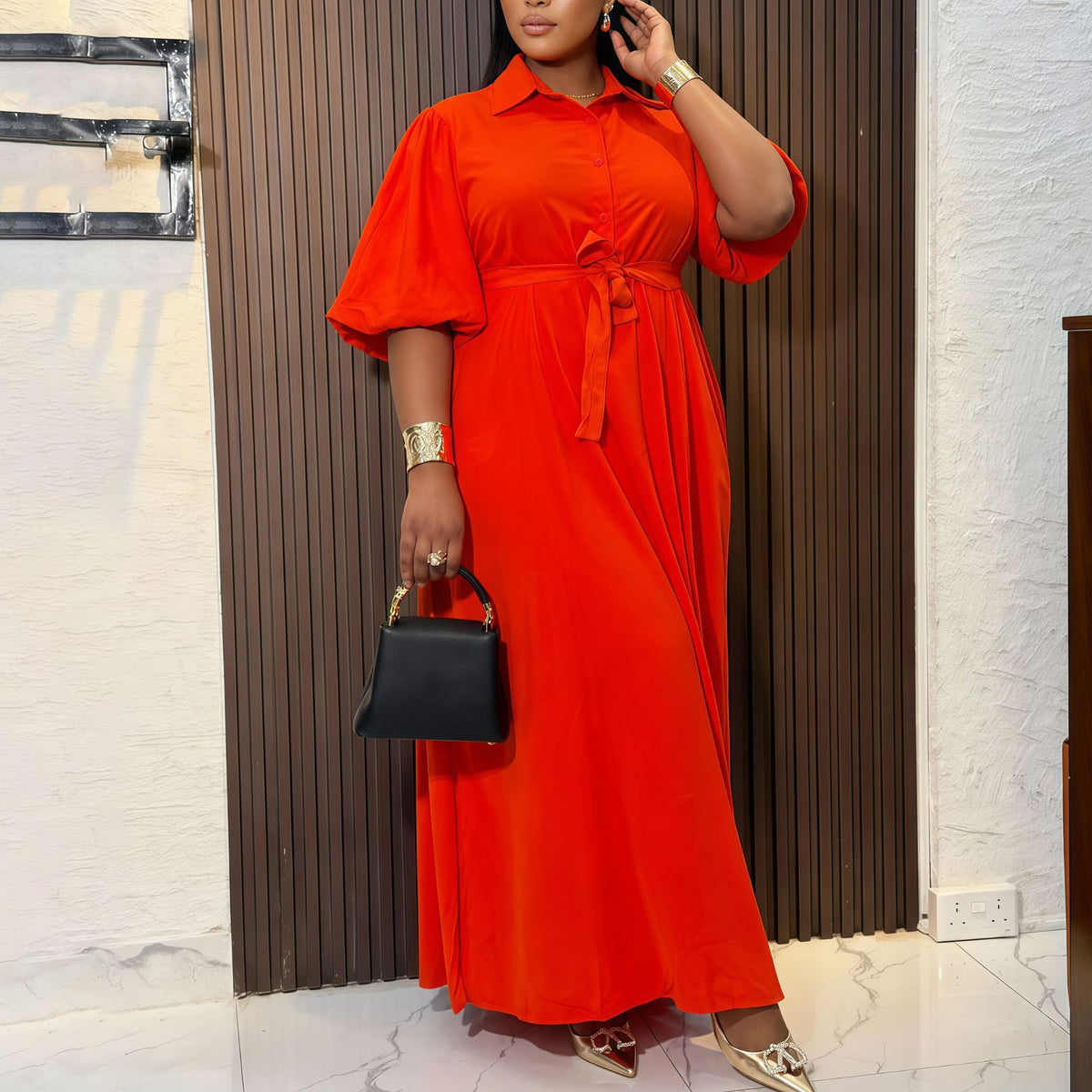 Collared Half Button Puff Sleeve Side Split Loose Maxi Shirt Dress 4