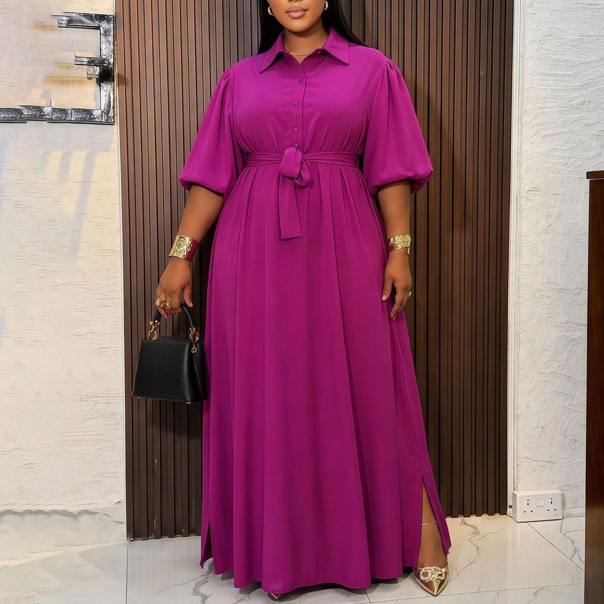 Collared Half Button Puff Sleeve Side Split Loose Maxi Shirt Dress 5