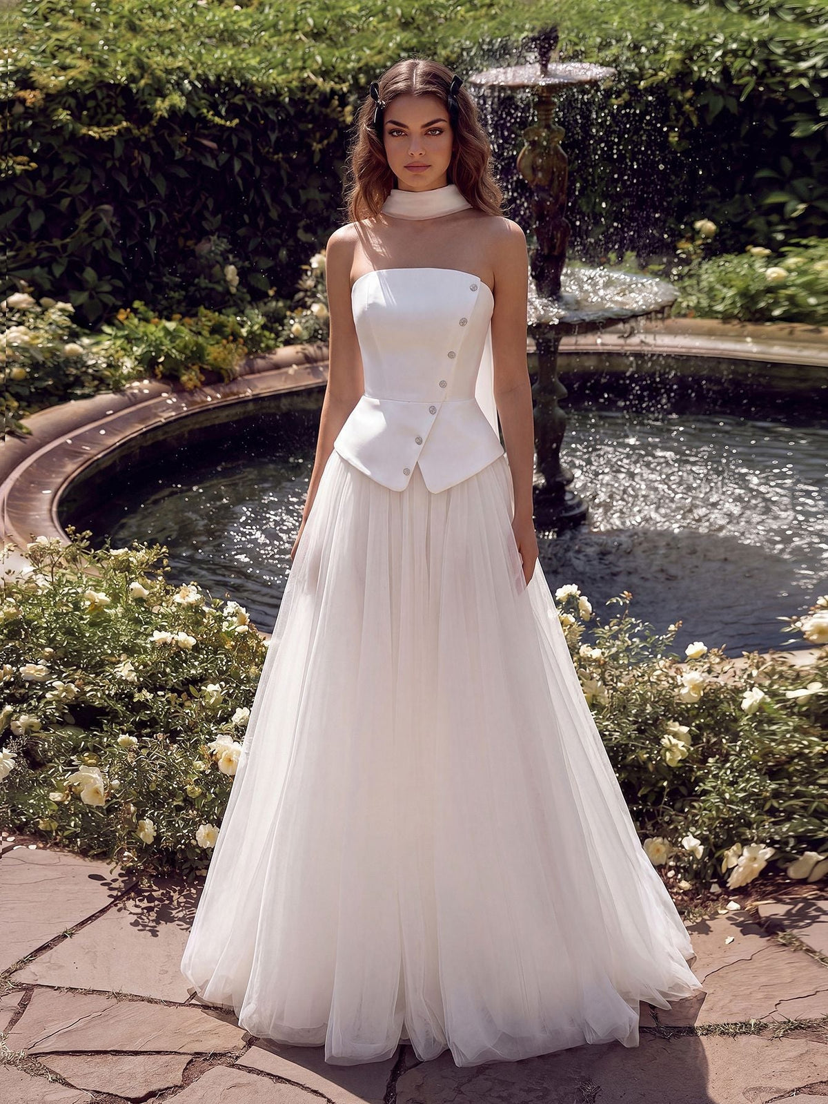 Strapless Button Front Peplum Bodice Tulle A-Line Maxi Gown 2
