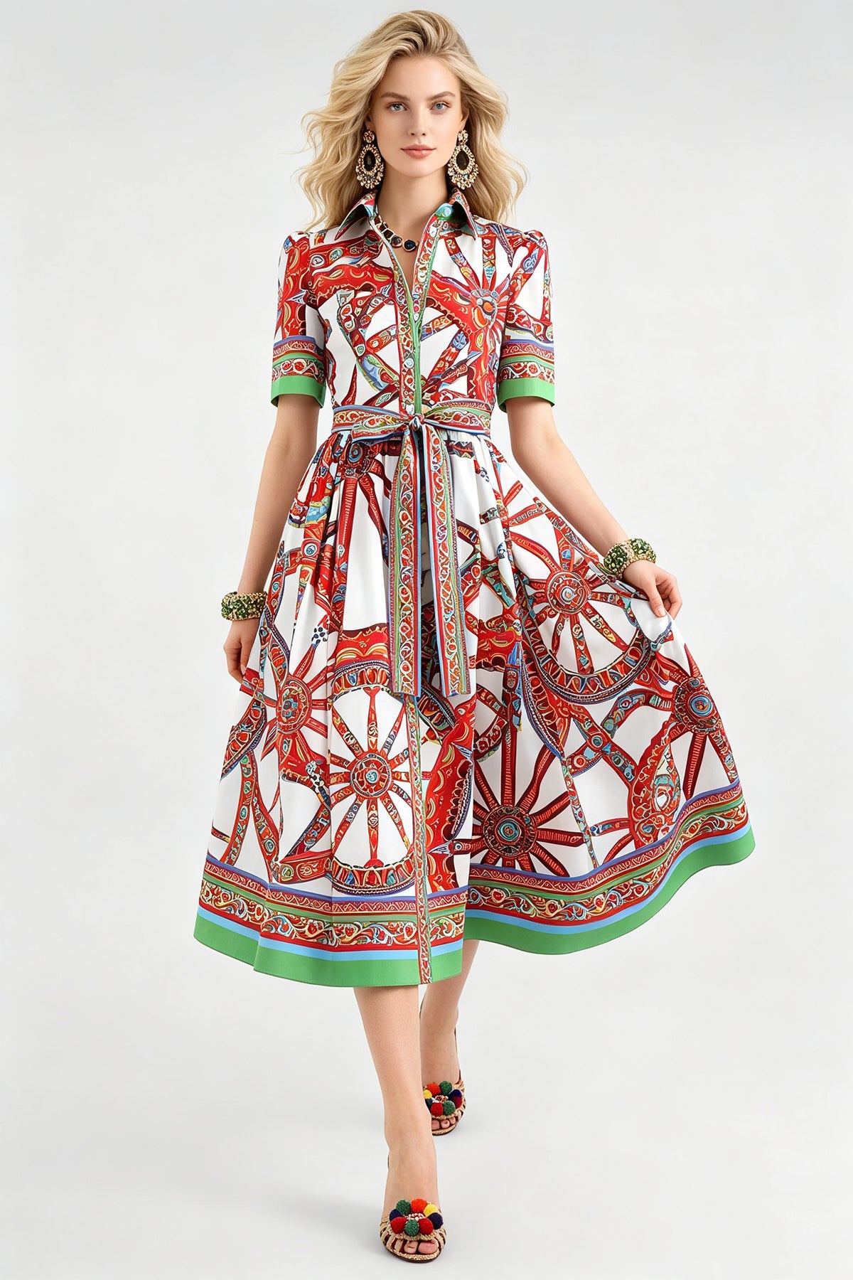 Baroque Print Collared Short Sleeve Belted A-Line Midi Shirt Dress
