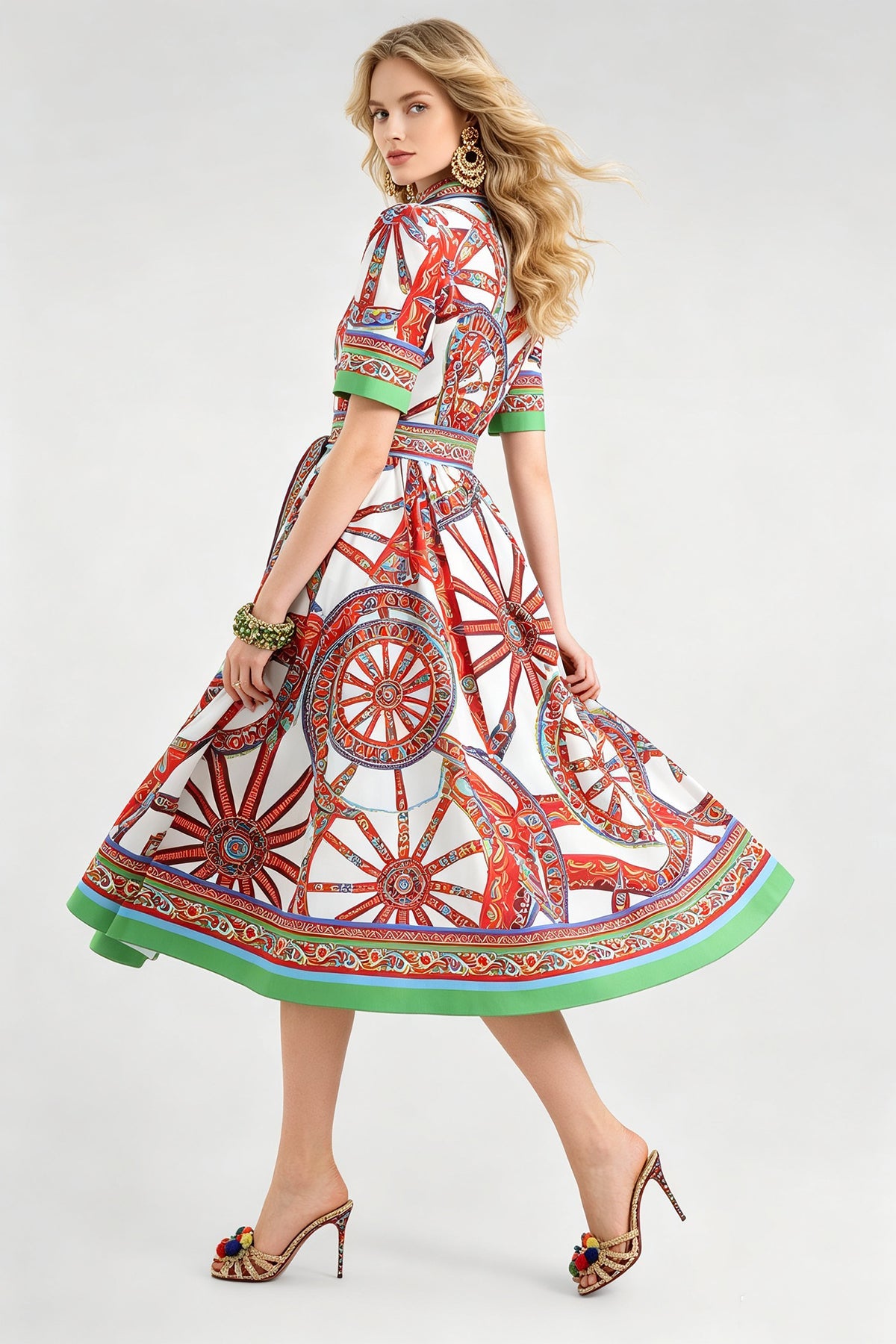 Baroque Print Collared Short Sleeve Belted A-Line Midi Shirt Dress 2