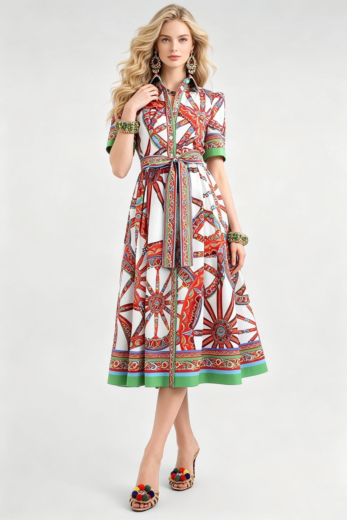 Baroque Print Collared Short Sleeve Belted A-Line Midi Shirt Dress 4