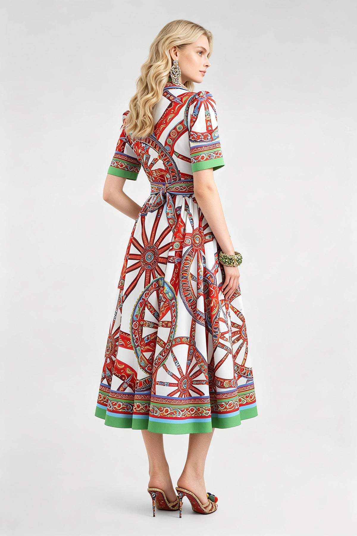 Baroque Print Collared Short Sleeve Belted A-Line Midi Shirt Dress 6