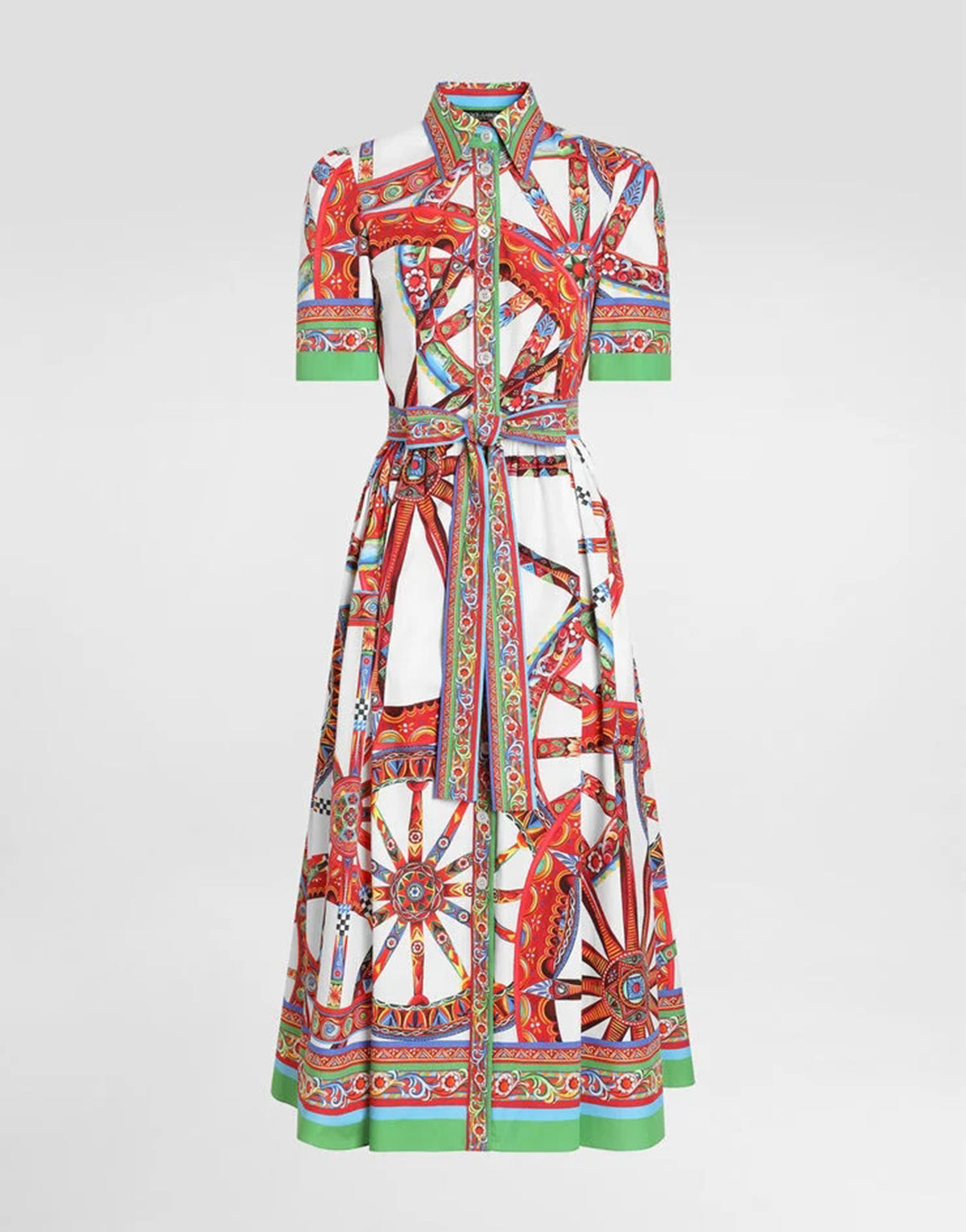 Baroque Print Collared Short Sleeve Belted A-Line Midi Shirt Dress 7