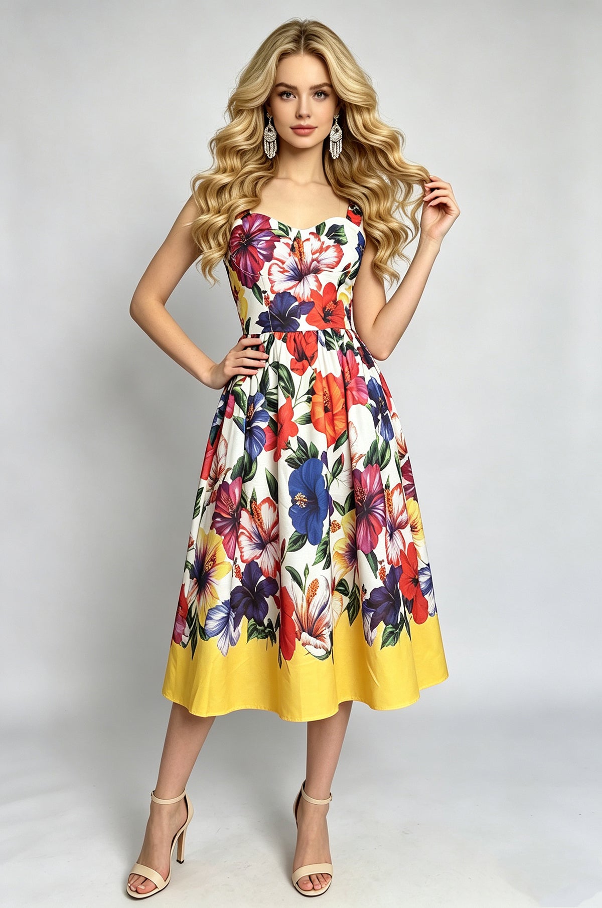 Floral Print Sweetheart Neck Sleeveless Fit and Flare Midi Dress 4