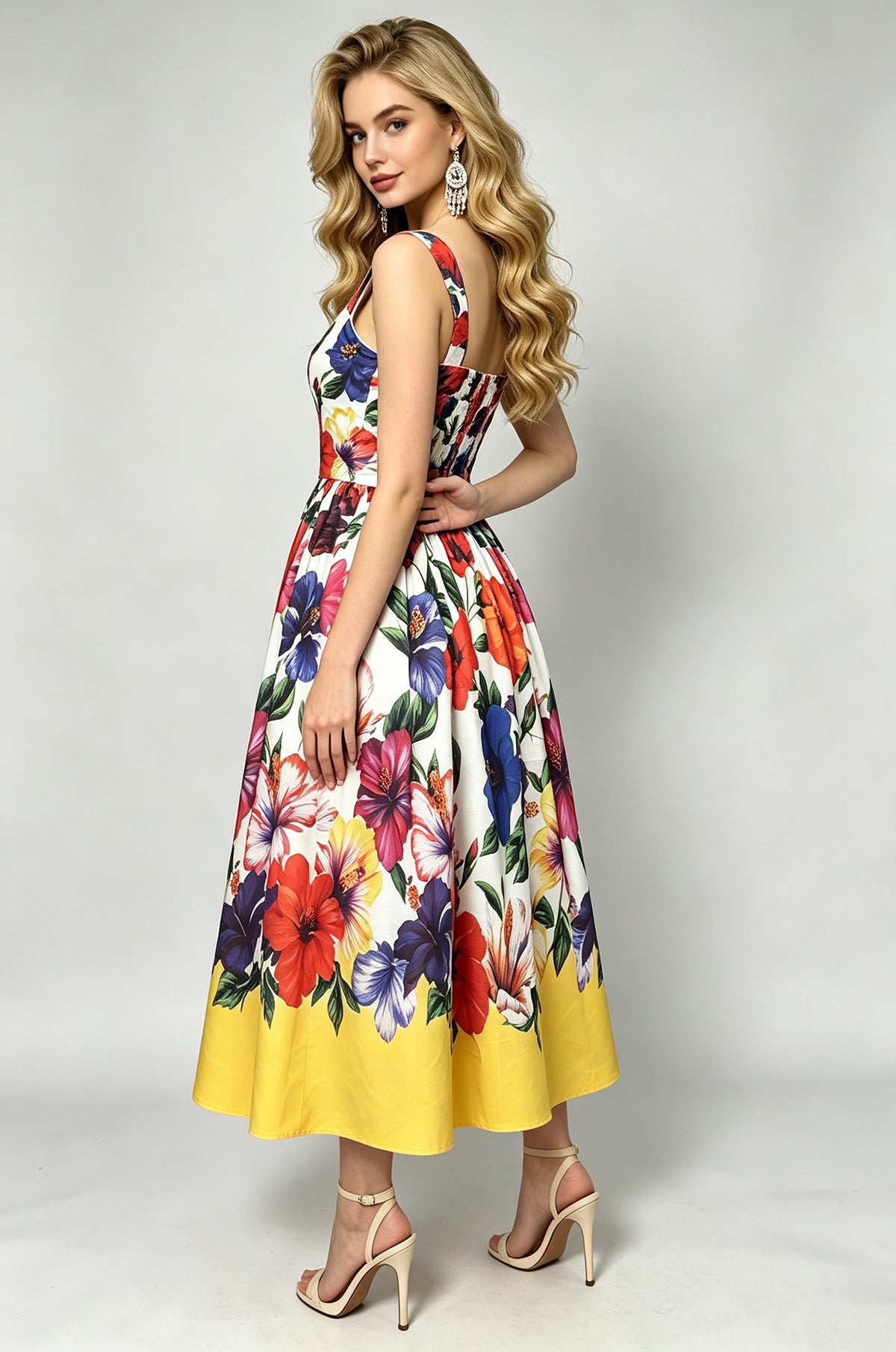 Floral Print Sweetheart Neck Sleeveless Fit and Flare Midi Dress 5