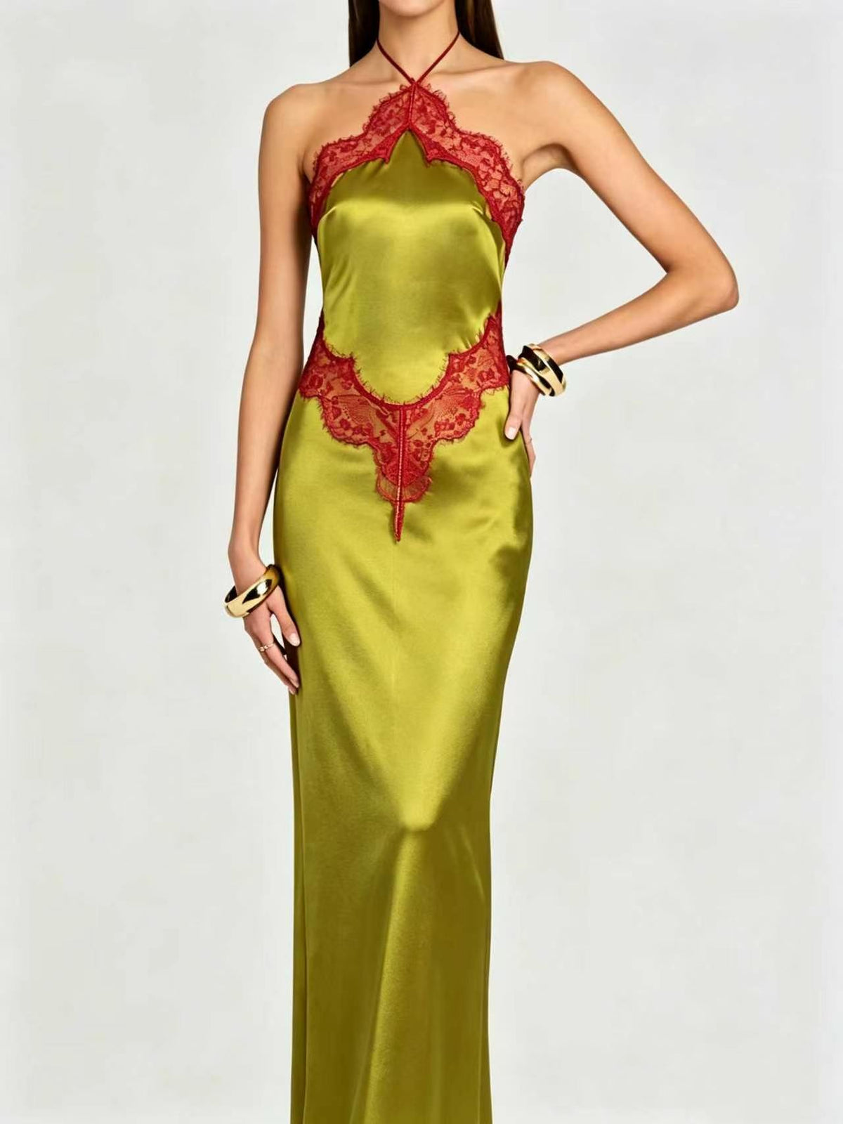 Satin Lace Trim Halter Neck Bias Cut Maxi Slip Dress 2