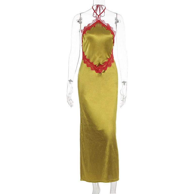 Satin Lace Trim Halter Neck Bias Cut Maxi Slip Dress 5