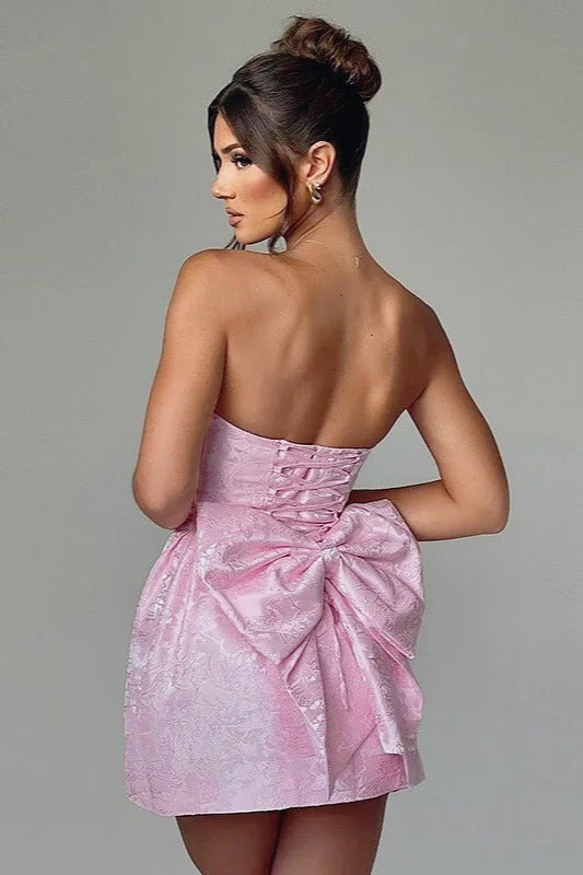 Jacquard Strapless Bow Back Fit and Flare Mini Dress