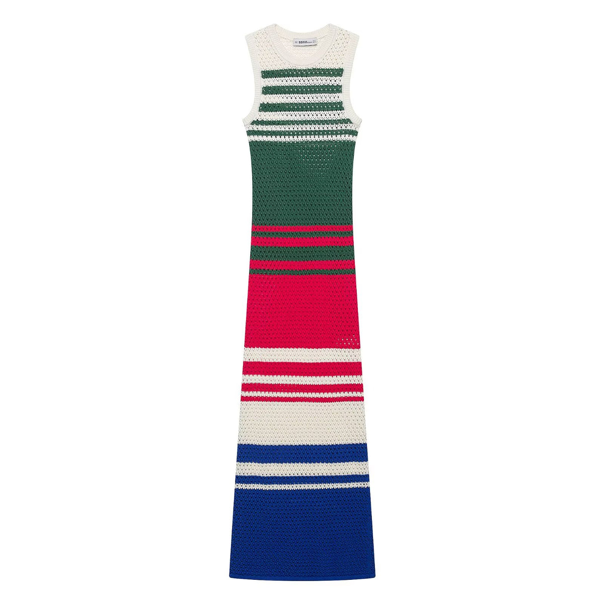 Striped Crochet Knit Crew Neck Sleeveless Bodycon Midi Dress 2