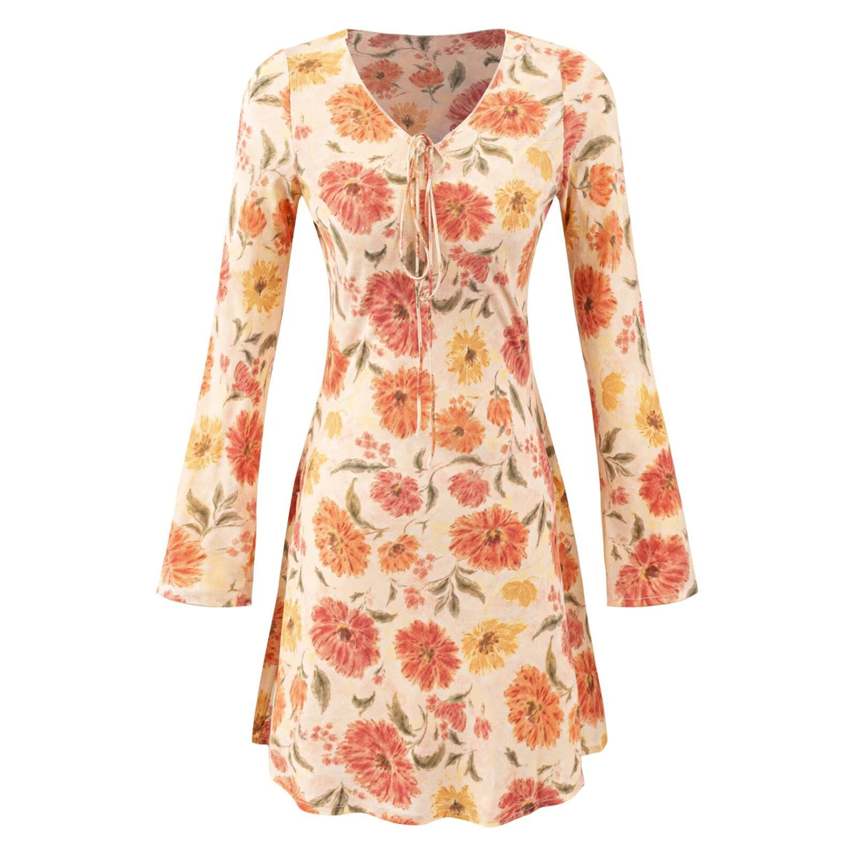 Floral Print V-Neck Tie Front Bell Sleeve A-Line Mini Dress