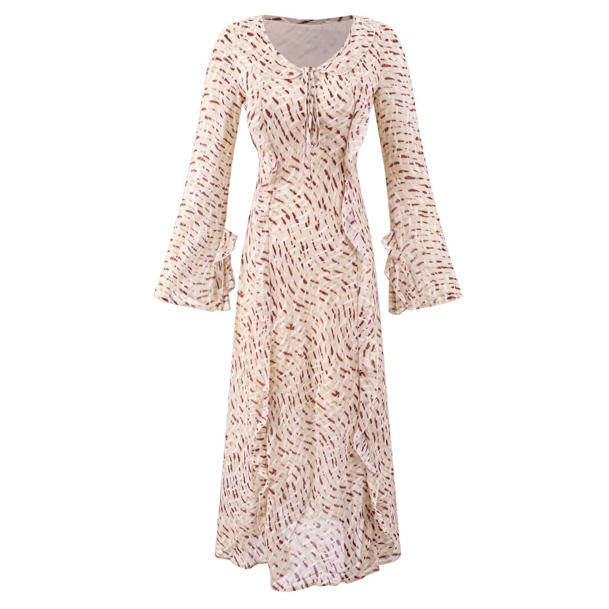 Abstract Print V-Neck Tie Front Ruffle Trim Bell Sleeve Midi Dress 3