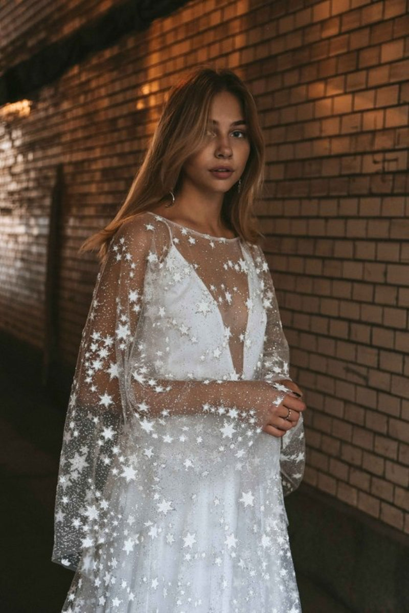 Star Sheer Deep V-Neck Long Sleeve Backless Maxi Dress - View 2