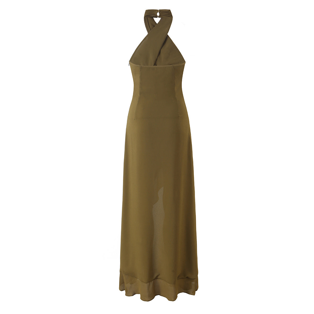 Beaded Embroidered Chiffon Cross Halter Neck Ruffle High Low Maxi Dress 2