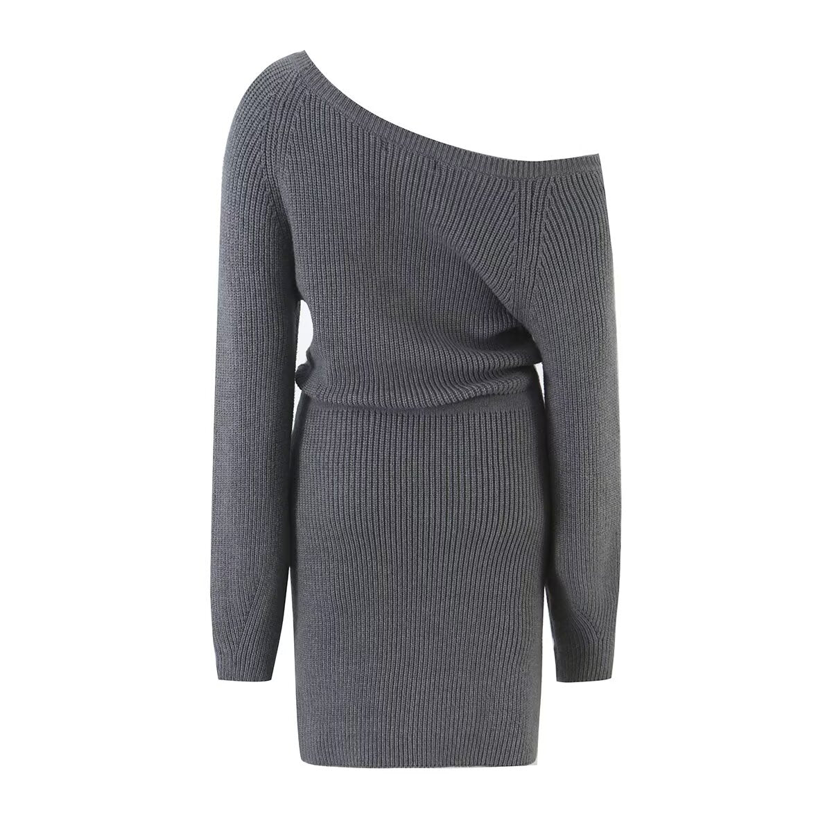 Elegant Sexy Slant Shoulder Waist Split Woolen Women Autumn Sexy off Shoulder Sheath Dress