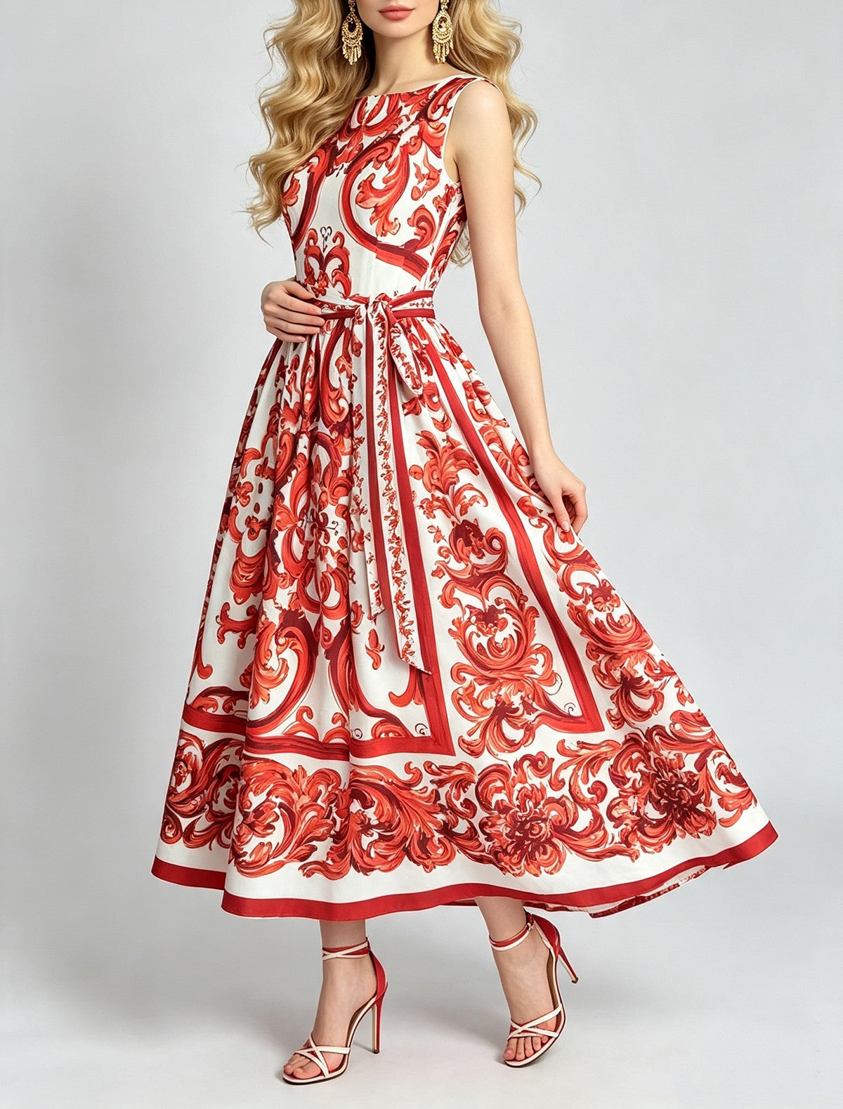 Women Romantic Floral Print Sleeveless Dress High Waist Bow Tie Belt And Wide Dress