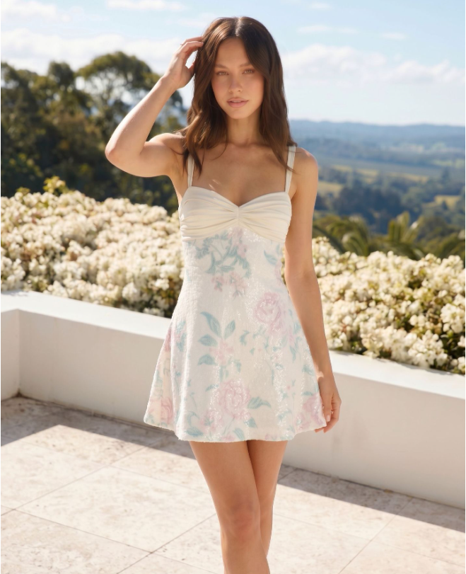 Floral Sequin Sweetheart Ruched Bust A-Line Mini Dress 2