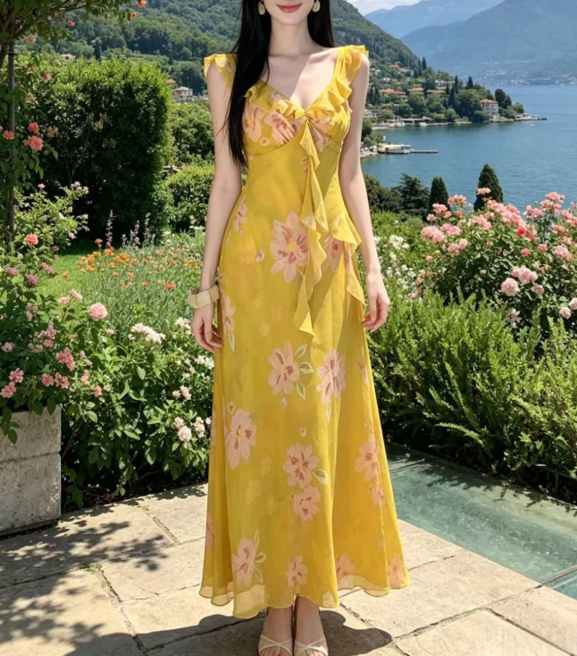 Floral Print Chiffon V-Neck Ruffle Trim Sleeveless Maxi Dress