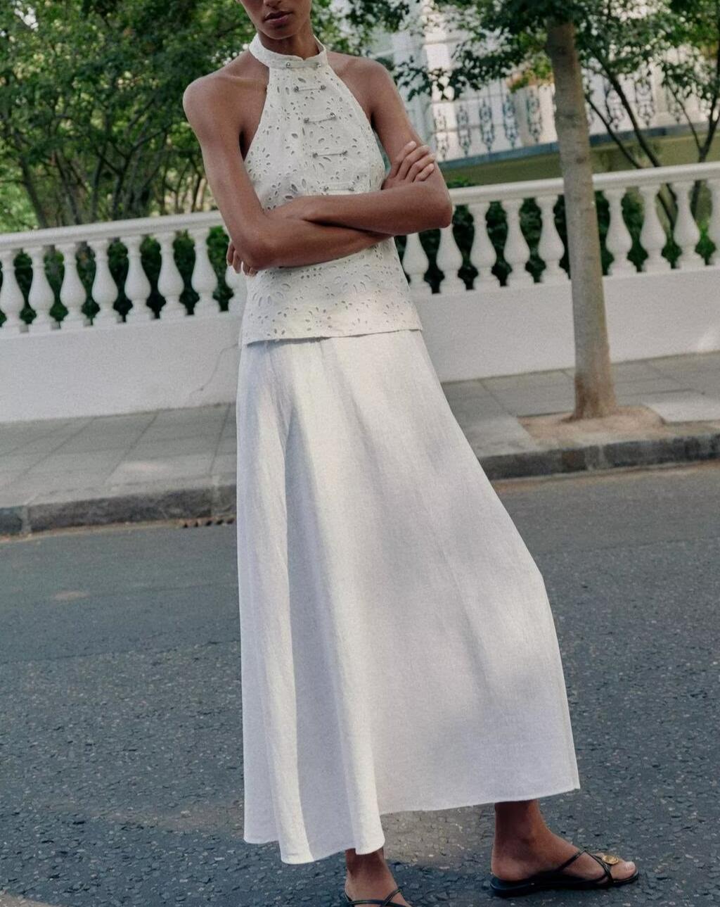 Early Autumn Women Clothing Backless Hanging Collar Hollow Out Cutout out Embroidery Stitching Dress