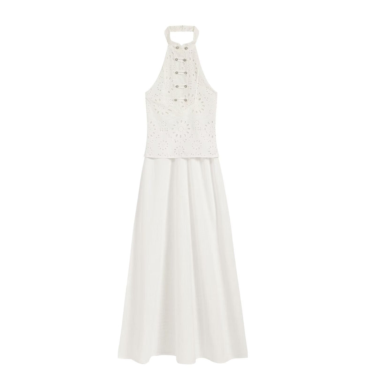 Halter Neck Sleeveless Eyelet Embroidered Layered Bodice Maxi Dress 4