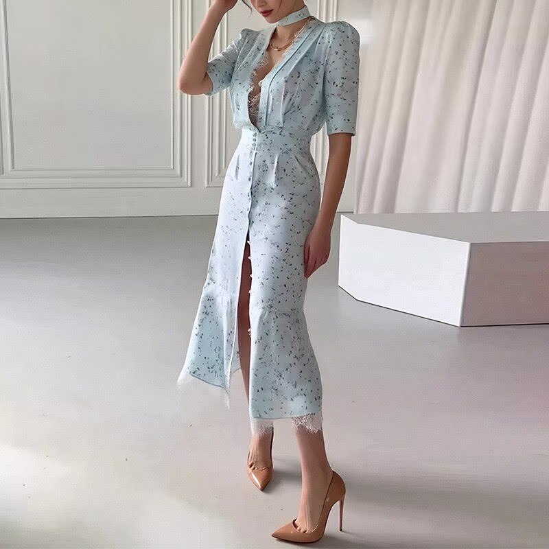 Women Retro Gentle Floral Elegant Tight Waist Slimming V Neckline Short Sleeve Slim Dress