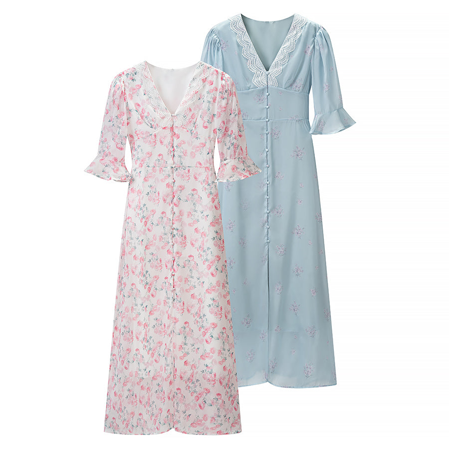 Women Slim Lace Stitching V neck Printed Short Sleeve Dress