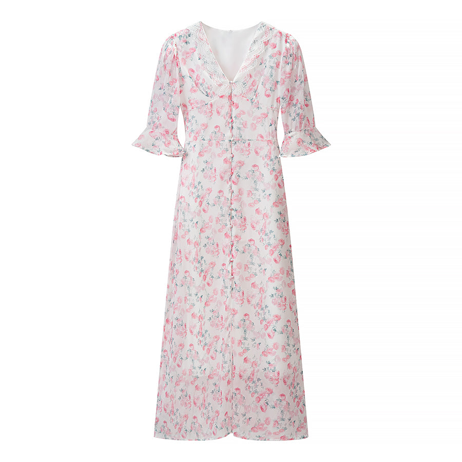 Floral Lace Trim V-Neck Flounce Sleeve Button Front Split Maxi Dress 3