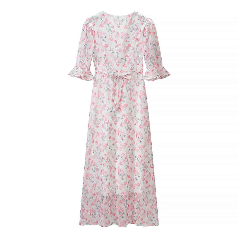 Floral Lace Trim V-Neck Flounce Sleeve Button Front Split Maxi Dress 4