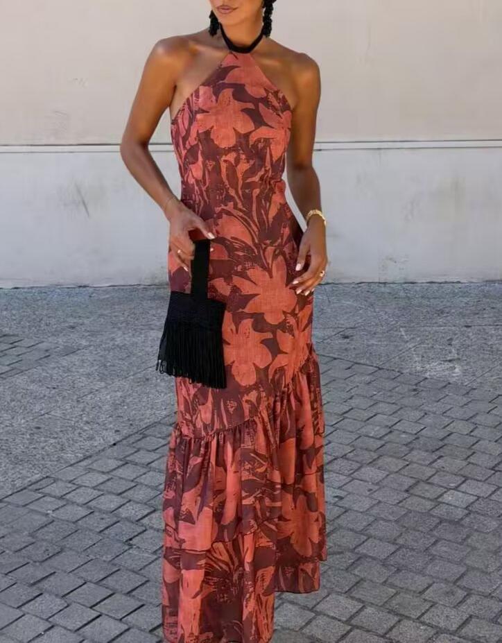 Women Clothing Fall Slim Fit Slimming Color Matching Halter Dress