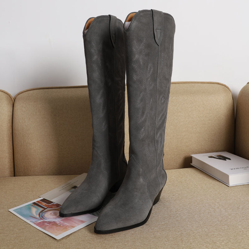 Womens Western Embroidered Knee High Boots Block Heel - Suede Black/Khaki/Grey Cowgirl Boots All Genuine Leather