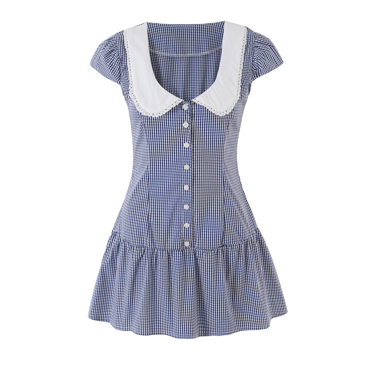 Gingham Peter Pan Collar Puff Sleeve Button Front Drop Waist Mini Dress 3