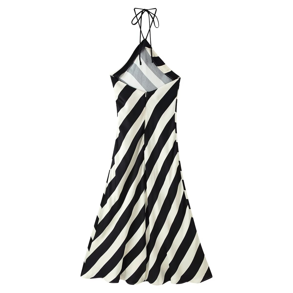 Early Autumn Women Clothing Elegant Backless Striped Hanging Collar Backless Midi Dress