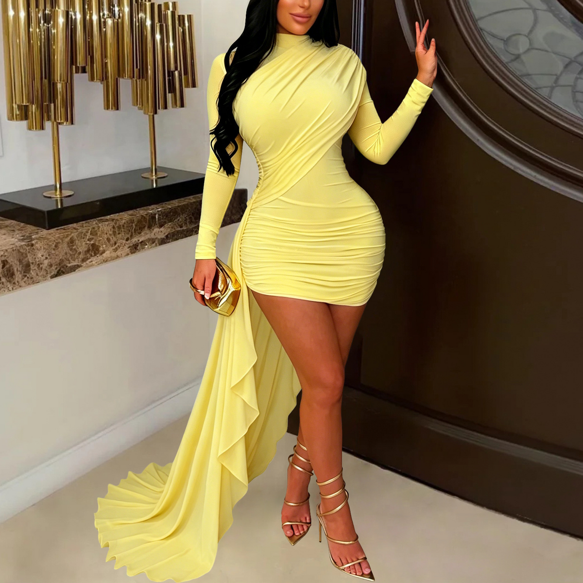 Mock Neck Long Sleeve Ruched Bodycon Mini Dress with Draped Train