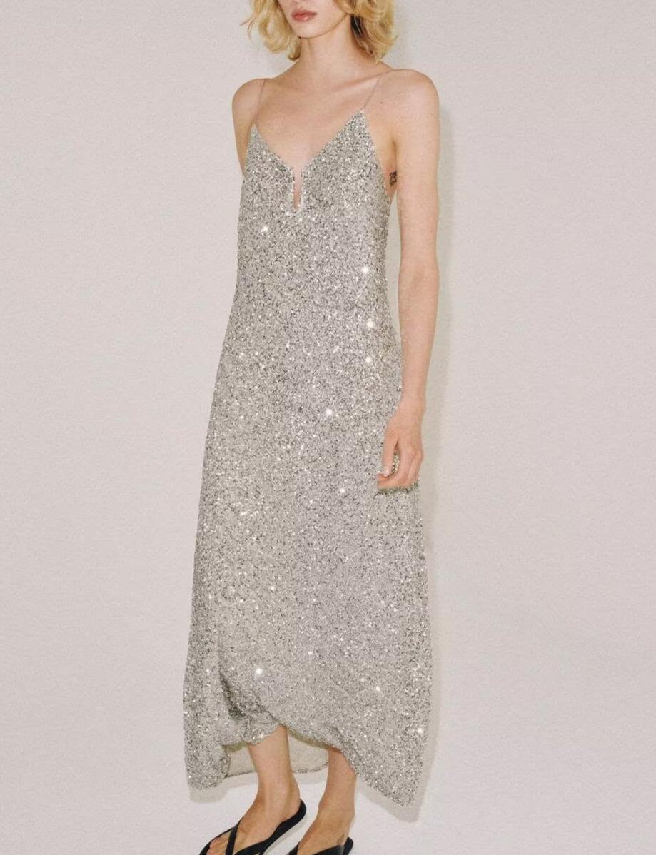 Sequin V-Neck Cami Cut Out Bust Midi Slip Dress