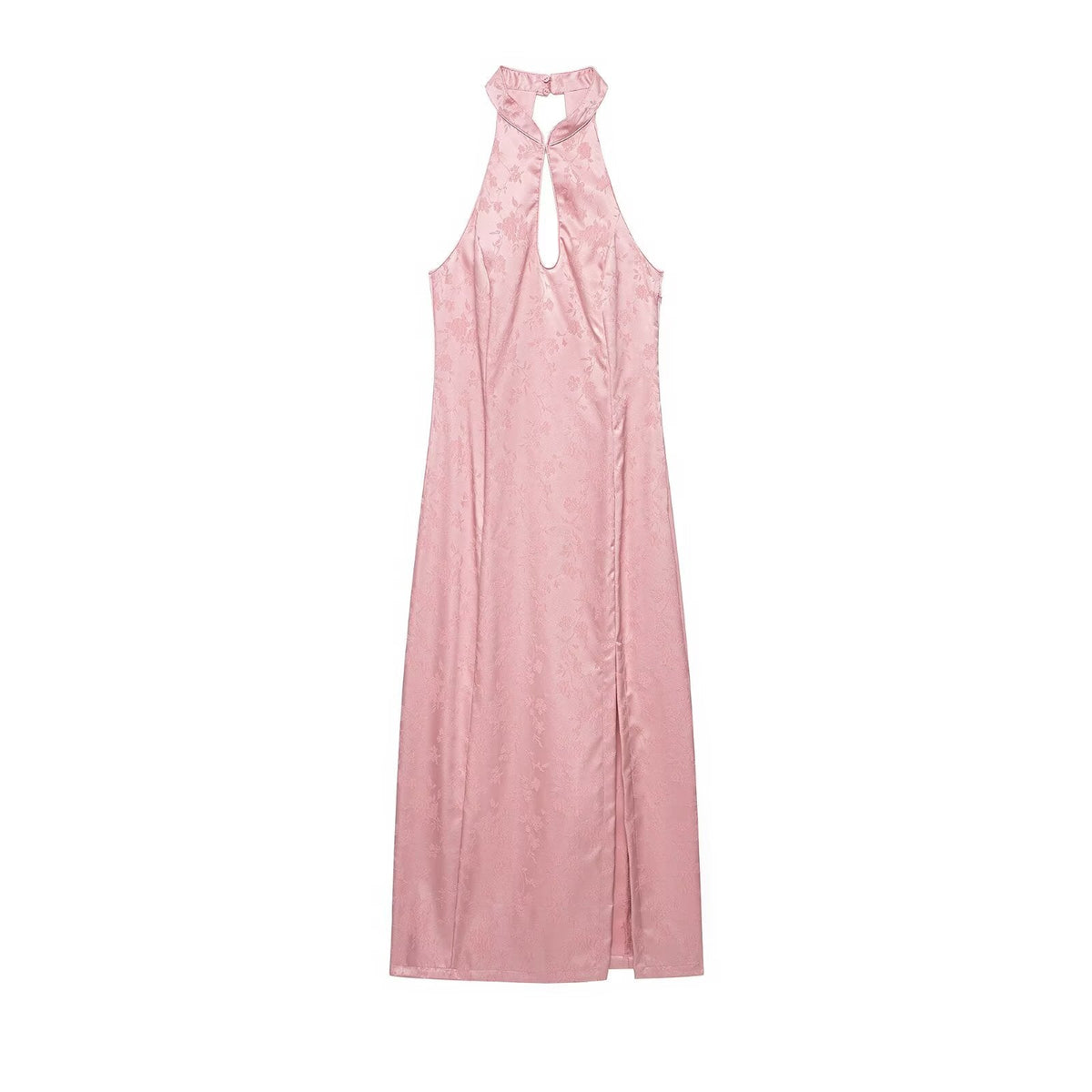 Floral Jacquard Satin Halter Mock Neck Keyhole Split Midi Dress 3